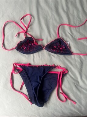 Navy & Hot Pink Laser-Cut Triangle Bikini Set